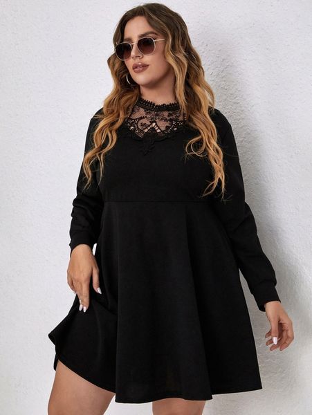 

plus contrast guipure lace bishop sleeve tie back dress v0ng#, Black
