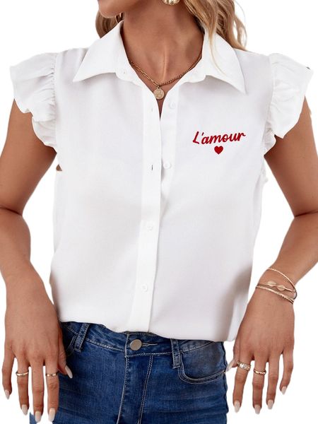 

heart & letter embroidery ruffle sleeve shirt f3hx#, White