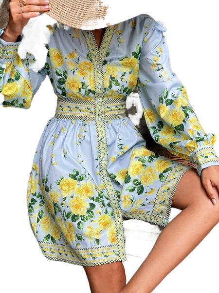 

floral print ruffle trim shirt dress 27x2#, Black;gray