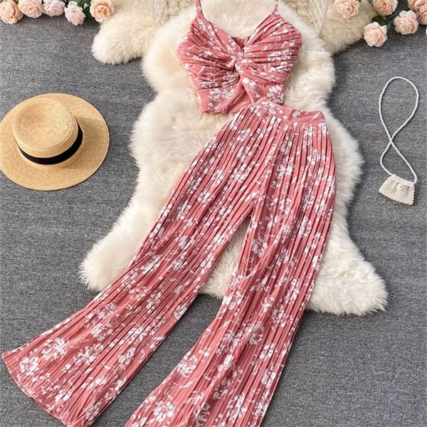 

women summer casual pants suit 2 piece set female floral print sleeveless wide leg pants female fashion outfit 220602, Gray