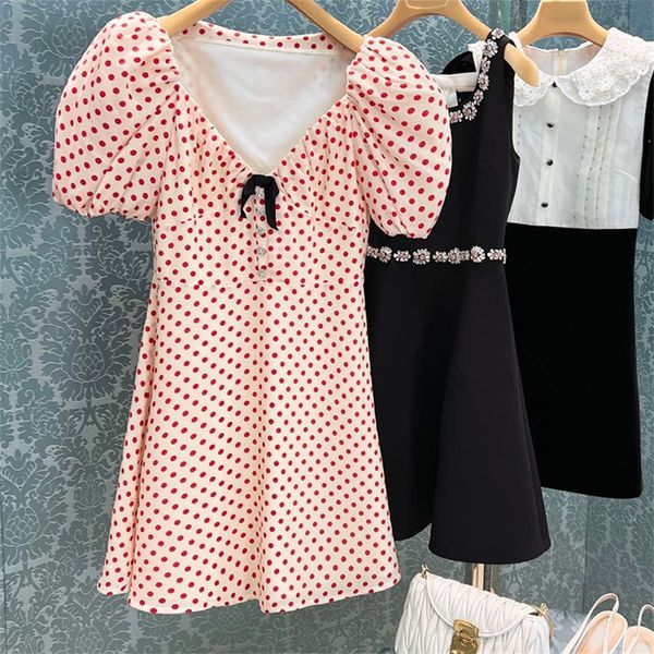 

clothing 2022 new bow dress bubble sleeve large skirt printed middle skirt, Black;gray