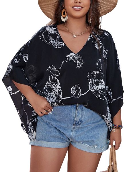 

plus floral print batwing sleeve blouse w5ue#, Black