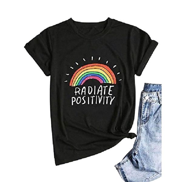 

women radiate positivity letter print t shirt rainbow graphic crewneck short sleeve tee a4ki#, White