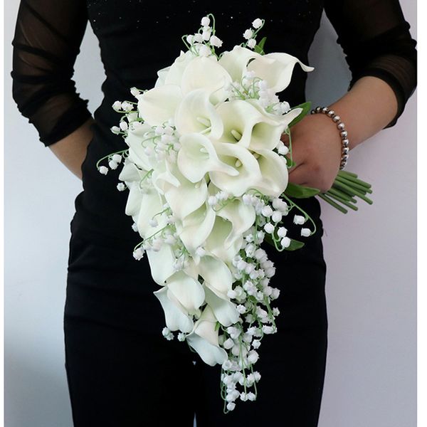 

wedding flowers collection fake calla lily lilies of the valley cascading bridal bouquet waterfall style