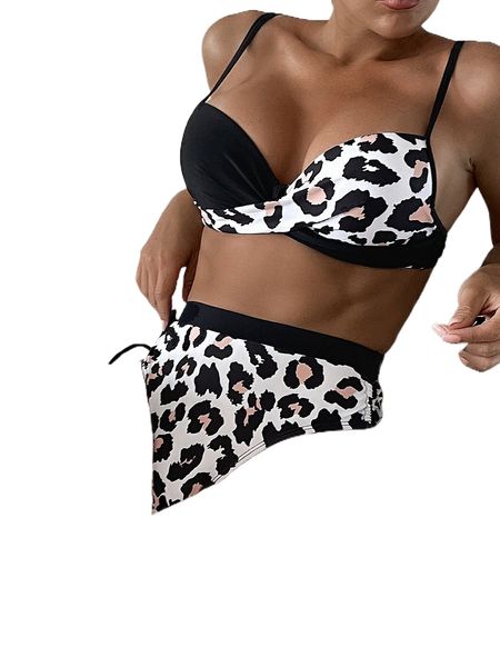

leopard twist drawstring push up bikini swimsuit y78f#, White;black
