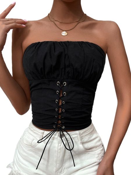 

grommet lace up front ruched bust crop tube m3zv#, White