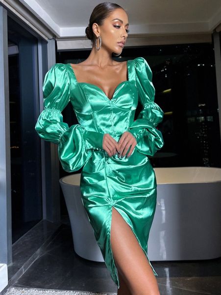 

sweetheart neck gathered sleeve split hem satin dress q0uv#, Black;gray