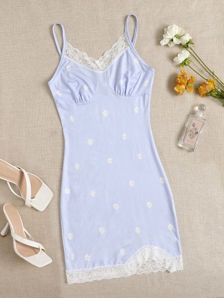 

floral print lace trim bodycon dress v2kl#, Black;gray
