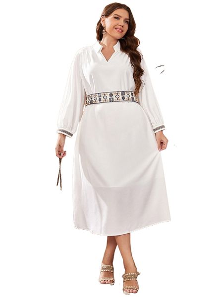 

plus bishop sleeve geo belted popover dress r4a3#, Black