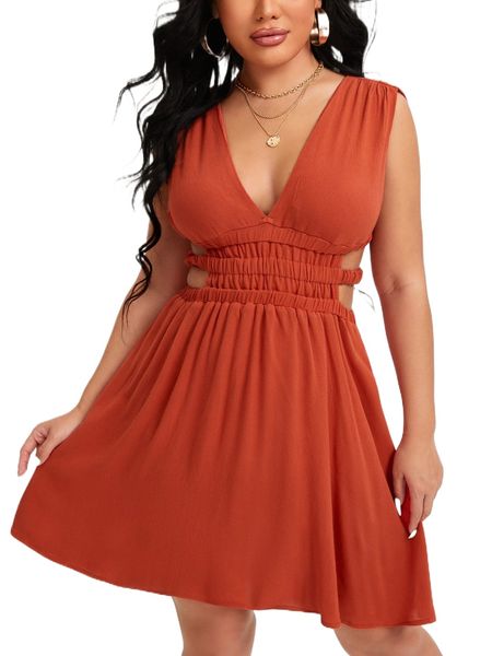 

double v-neck cut out elastic waist dress p7zp#, Black;gray
