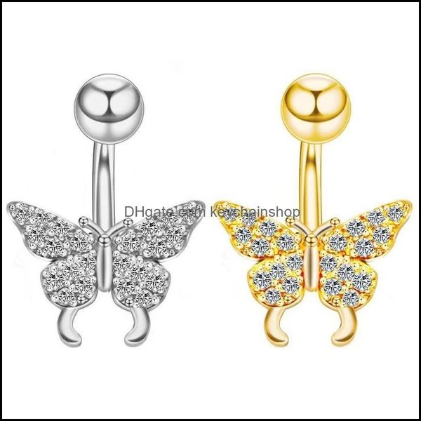 

navel bell button rings body jewelry zircon butterfly pendant crystal belly for women fashio dhngy, Silver