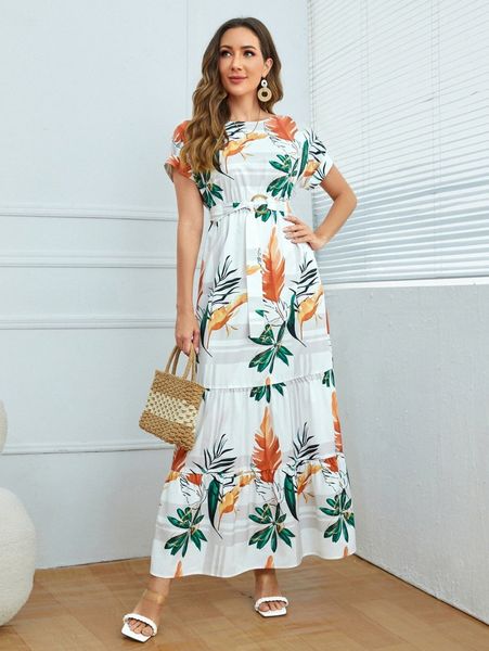 

plants print ring belted ruffle hem dress p1lc#, Black;gray