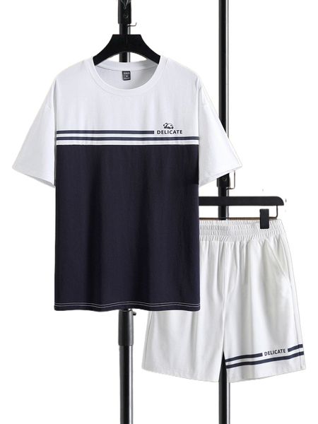 

men striped & letter graphic tee & shorts h4ti#, Gray