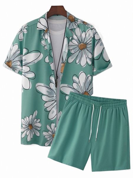 

men random floral print shirt & shorts without tee y6c8#, Gray