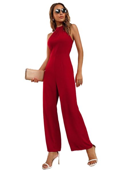 

halter neck backless knot jumpsuit v7xi#, Black;white