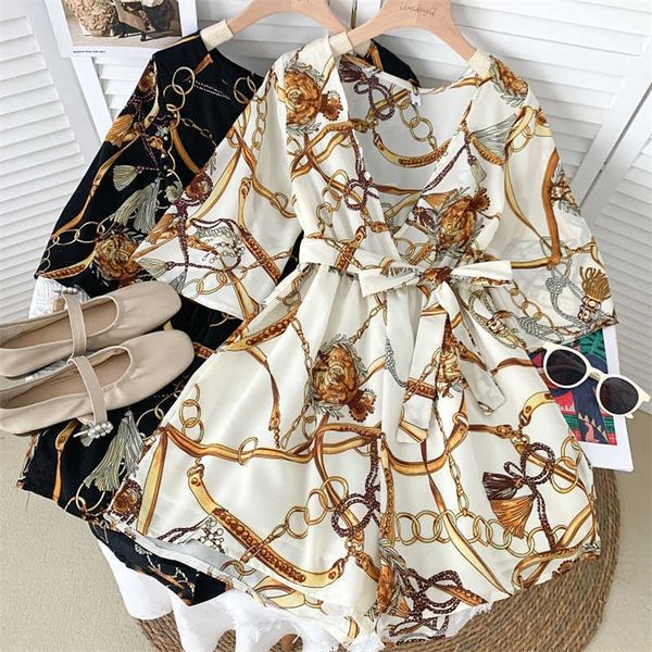 

summer style retro fashion all-match v-neck waist tie wide-leg pants casual short 210709, Black;white