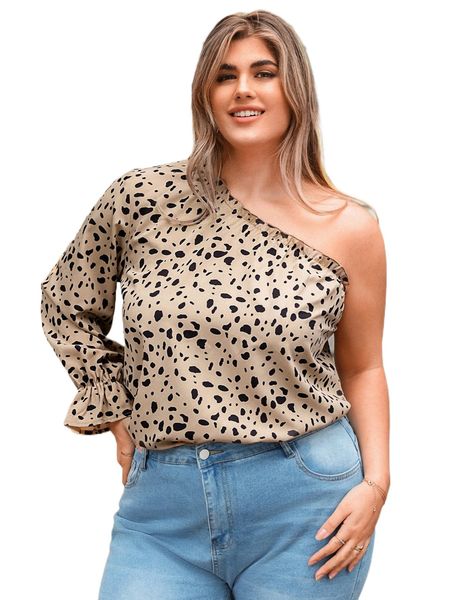 

plus dalmatian print one shoulder flounce sleeve blouse v7yb#, Black