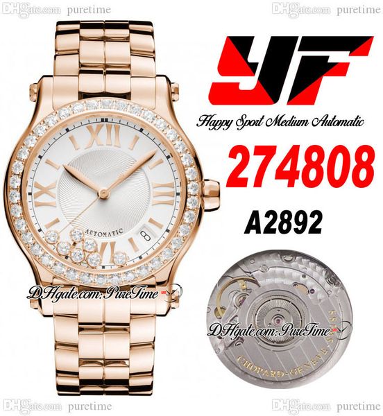 

yf happy sport diamonds 36 274808 a2892 automatic womens ladies watch rose gold diamond bezel white textured dial roman ss bracelet super ed, Slivery;brown