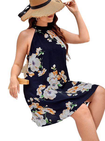 

plus floral print tie back halter dress n8pe#, Black
