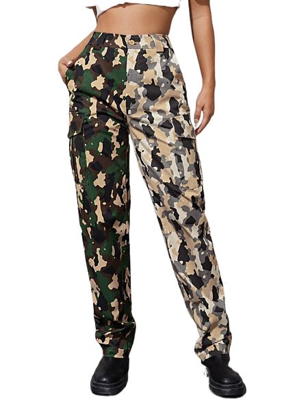 

camo print flap pocket side cargo pants l8ft#, Black;white