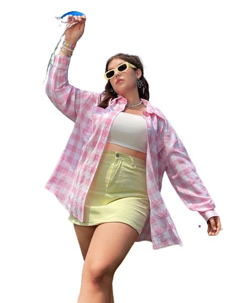 

plus gingham print pocket patched drop shoulder shirt h8gw#, Black