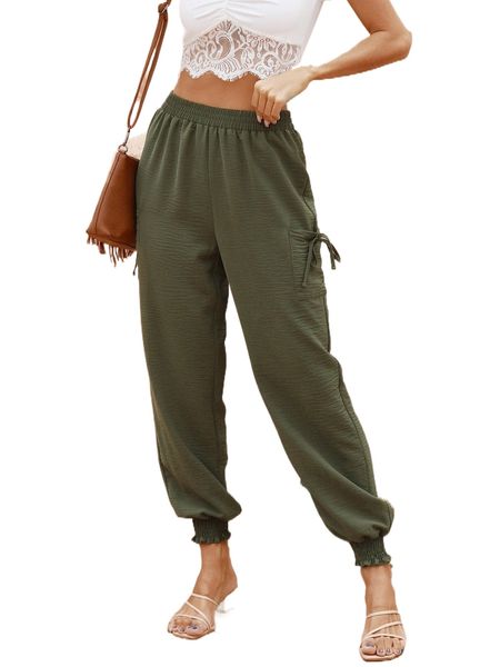 

knot side shirred elastic waist carrot pants f62r#, Black;white