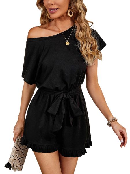 

batwing sleeve ruffle hem belted romper j62x#, Black;white