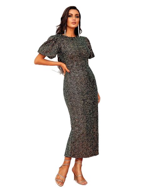 

love&lemonade puff sleeve split thigh sequins dress f4y7#, Black;gray