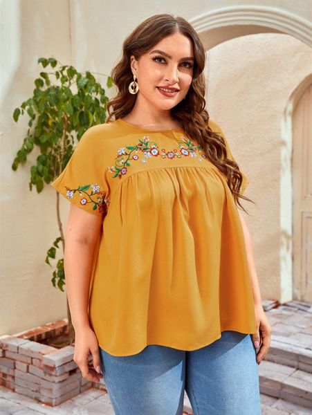 

plus floral embroidery g9zs#, Black