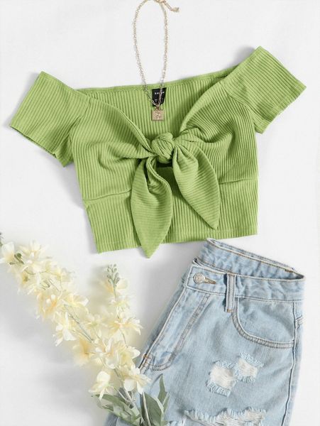 

knot front rib-knit bardot p8c7#, White