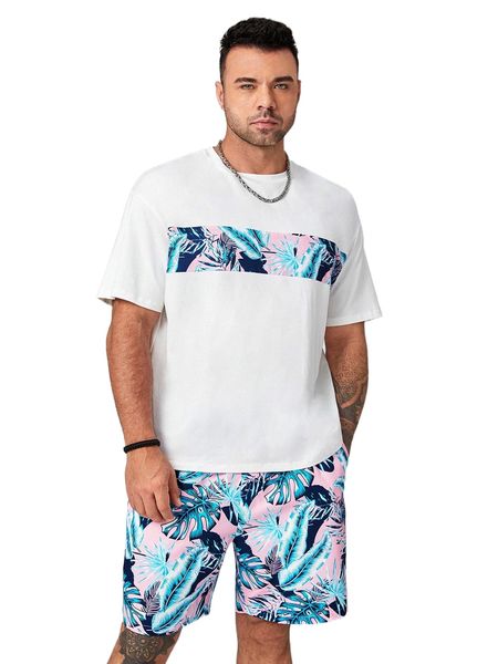 

extended sizes men tropical print tee & shorts j2qd#, Gray