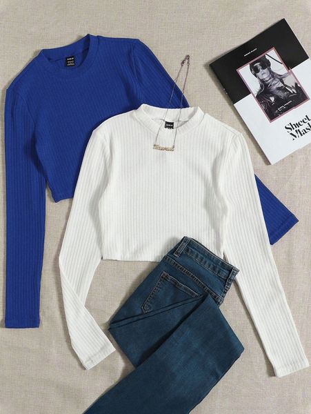 

2pcs solid ribbed knit tee 80vj#, White