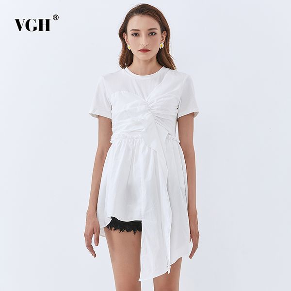 

asymmetrical ruched black t shirt for women o neck short sleeve irregular hem casual shirts female fashion summer ide 210507, White