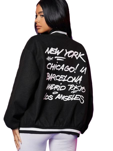 

slogan graphic baseball collar button up jacket n5fu#, Black;brown