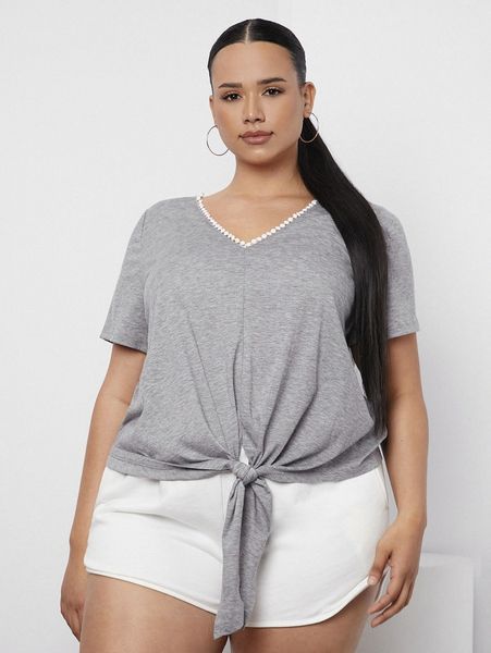 

plus guipure lace trim knot hem tee y4sl#, Black