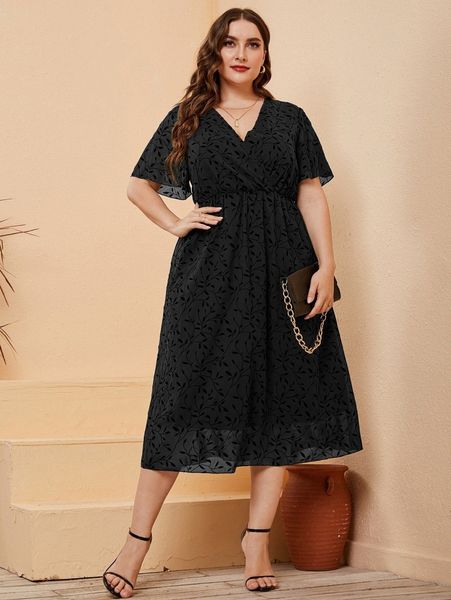 

plus plant print surplice neck butterfly sleeve dress i3mo#, Black