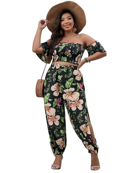 

plus floral print off shoulder shirred crop & tapered pants k1gk#, Black