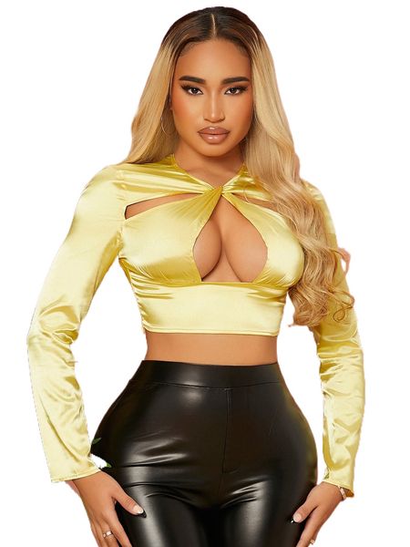 

sxy twist front cut-out satin crop i3do#, White