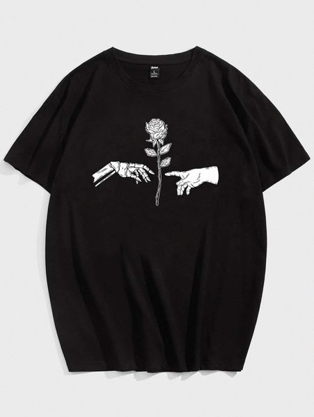 

romwe guys rose graphic tee w1t9#, White;black