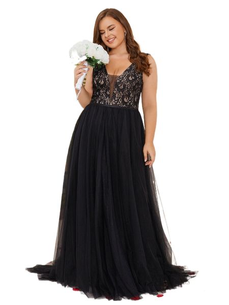 

plus lace panel floor length mesh bridesmaid dress m1or#, Black