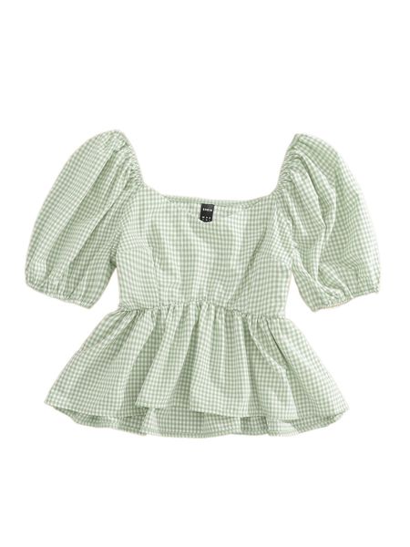 

puff sleeve ruffle hem gingham blouse n3zq#, White