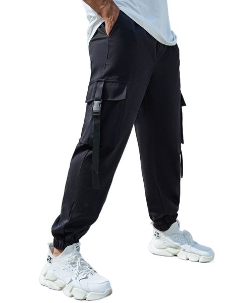 

extended sizes men buckle tape flap pocket cargo pants 35mb#, Black
