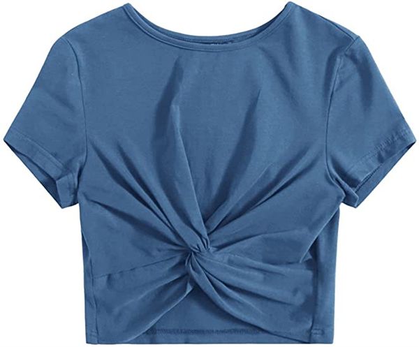 

women's & tees casual front twist crop t-shirt with short sleeves, White