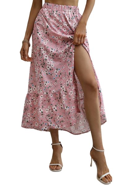 

floral print ruffle hem split thigh skirt b0n9#, Black