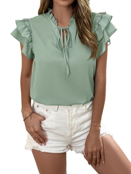 

frill tie neck layered sleeve blouse w85v#, White
