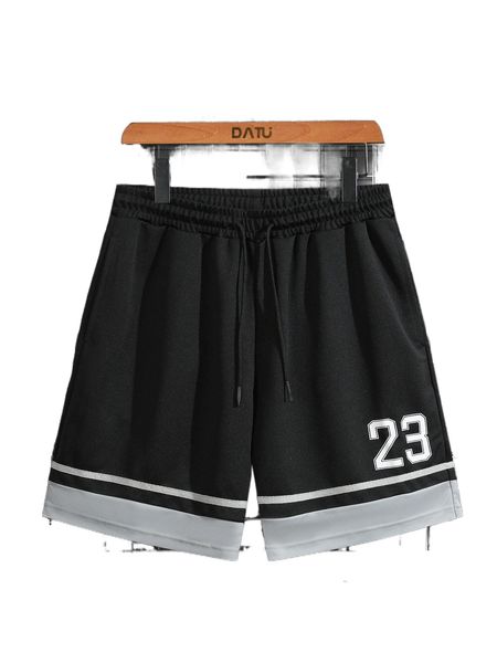 

men number print drawstring waist contrast panel shorts 663j#, White;black