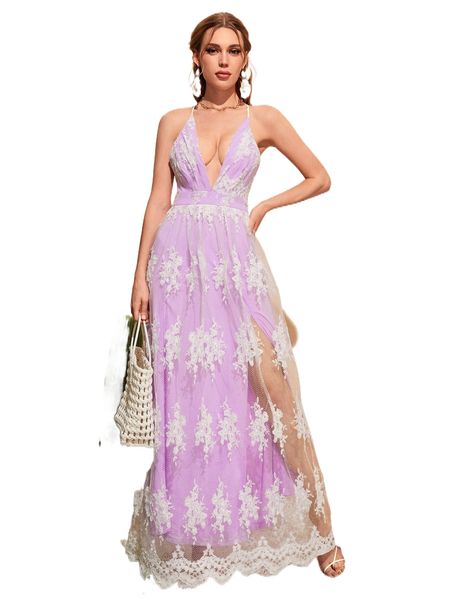

crisscross backless embroidery mesh overlay slip dress a6z1#, Black;gray