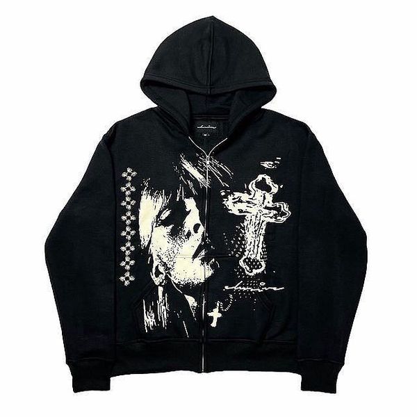 

men s hoodies sweatshirts black loose zipper hoodie men american cross head print street harajuku oversized sweatshirt y2k punk japanese cou