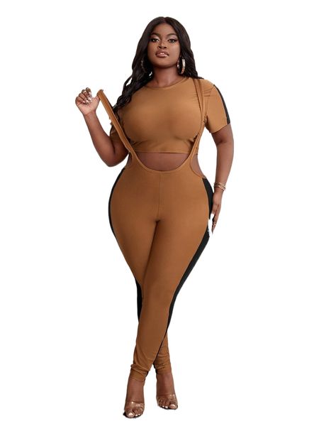 

sxy plus contrast side seam crop tee & pinafore pants 67ro#, Black