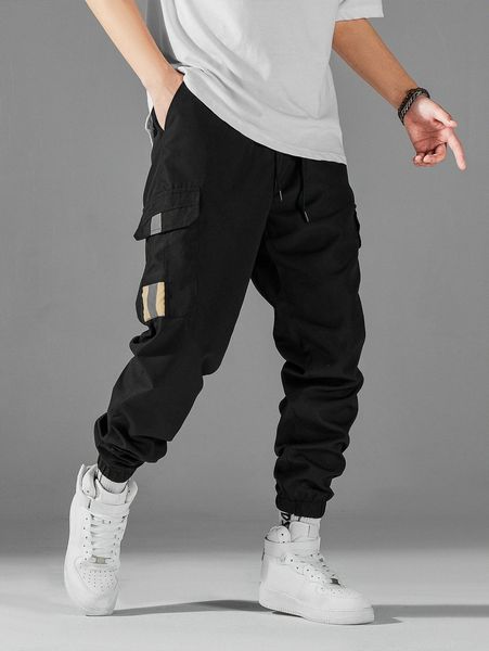 

men patched detail flap pocket drawstring waist cargo pants j4bu#, Black